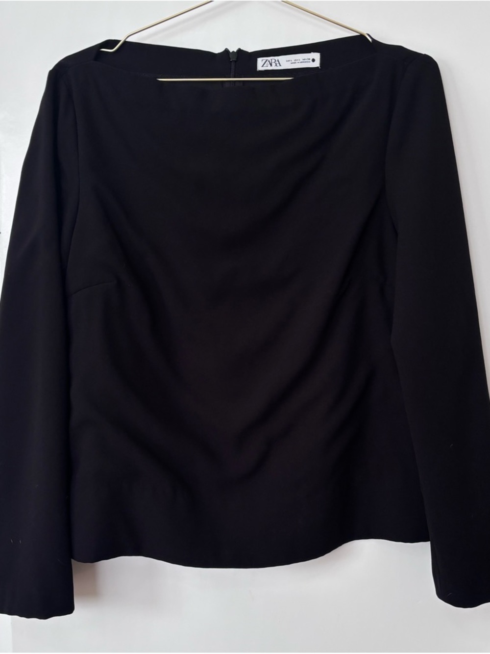 Zara| Modern Black Boatneck Long Sleeve Back-Zip Jacket Top Sz L